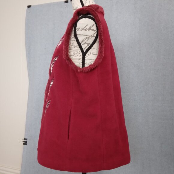 Bob Mackie | Cranberry Red Embroidered Fleece Vest Front Zip | Size L - Picture 4 of 8